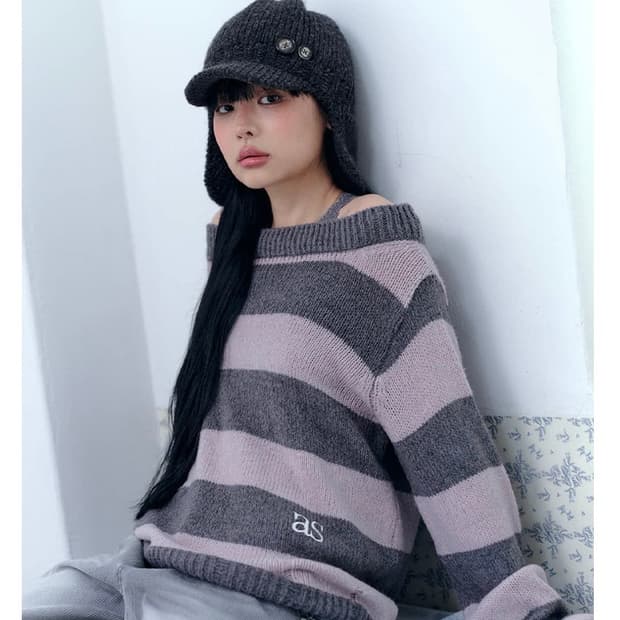 애즈온 소리 오프 스트라이프 니트 핑크