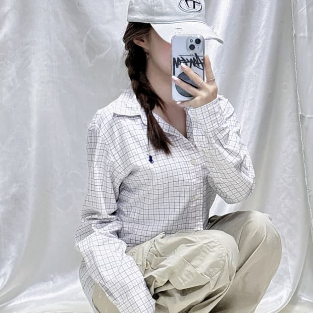 폴로 랄프로렌 핑크체크 네이비포니 셔츠 