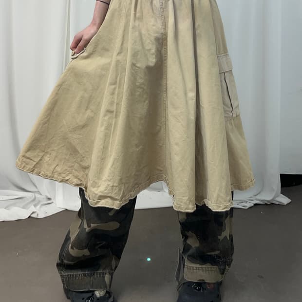 베이지 카고 코튼 롱스커트