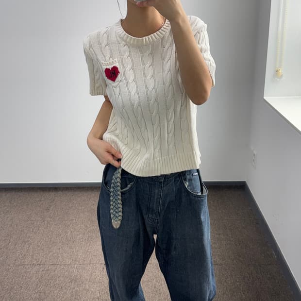 Polo 폴로 레드 하트 로고 아이보리 케이블 반팔 니트