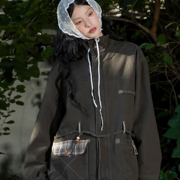 루나키후 하늘 체크 배색 워싱 코튼 자켓 (KHAKI)