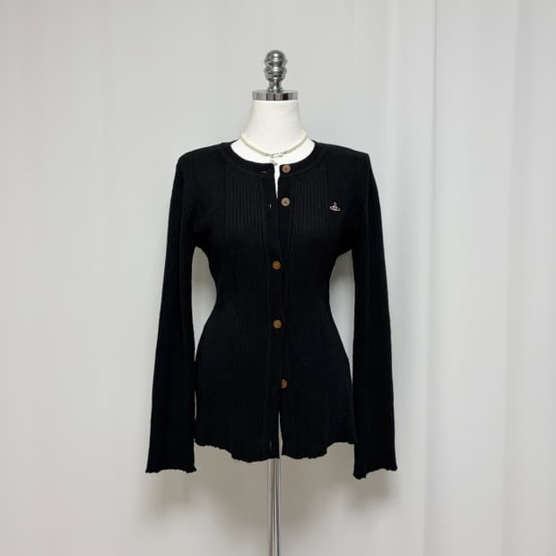 비비안웨스트우드 울 로고 리브 블랙 가디건