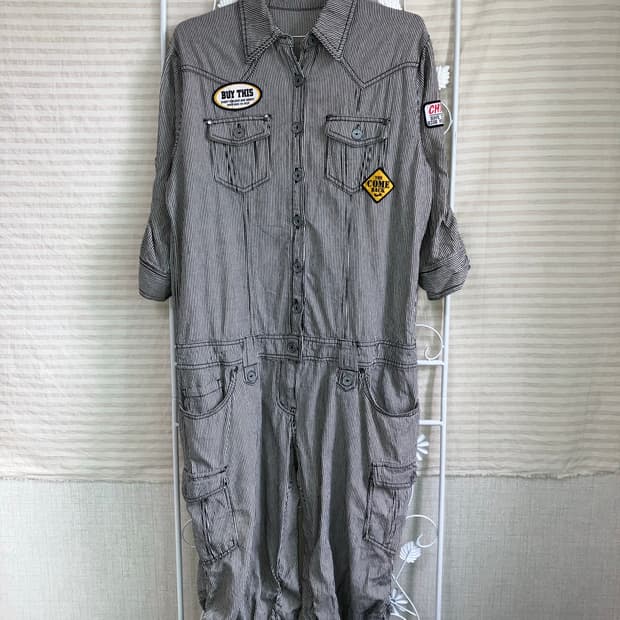 빈티지 블랙 스트라이프 레터링 점프슈트 y2k 스트릿 갸루 펑키487  