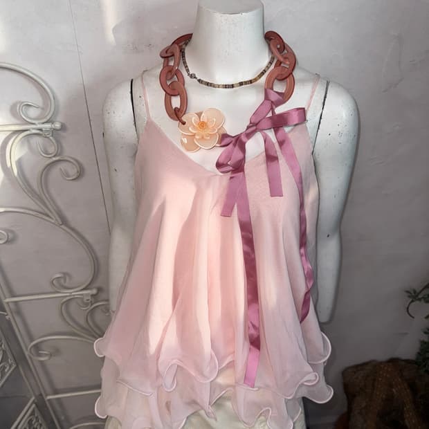 Pink flower chain ribbon strap necklace