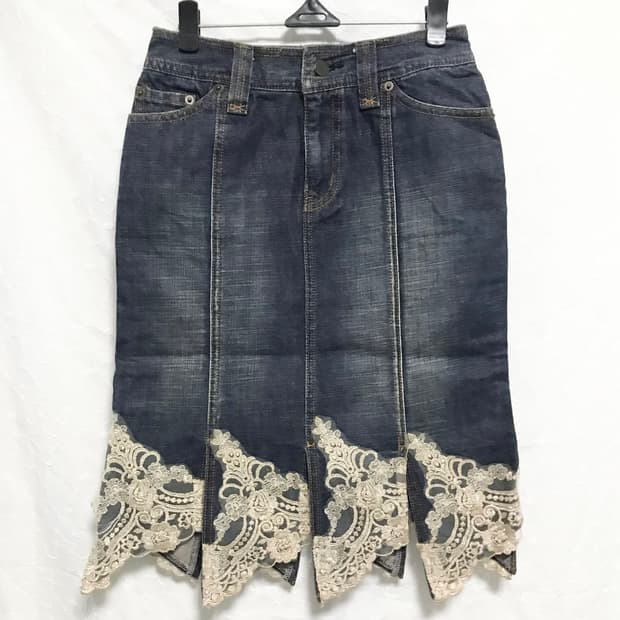 빈티지 르네상스 페어리 레이스 절개 데님 미디 스커트