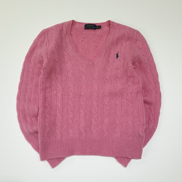 CL276 XS 폴로 울캐시미어 케이블 V넥 핑크 니트 스웨터