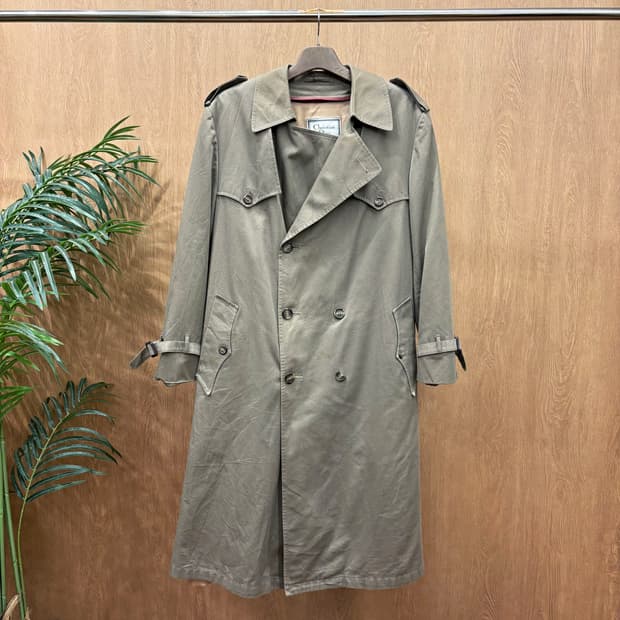 크리스찬 디올 더블 트렌치 코트 버건디 울 안감 허리 벨트 디테일 브라운