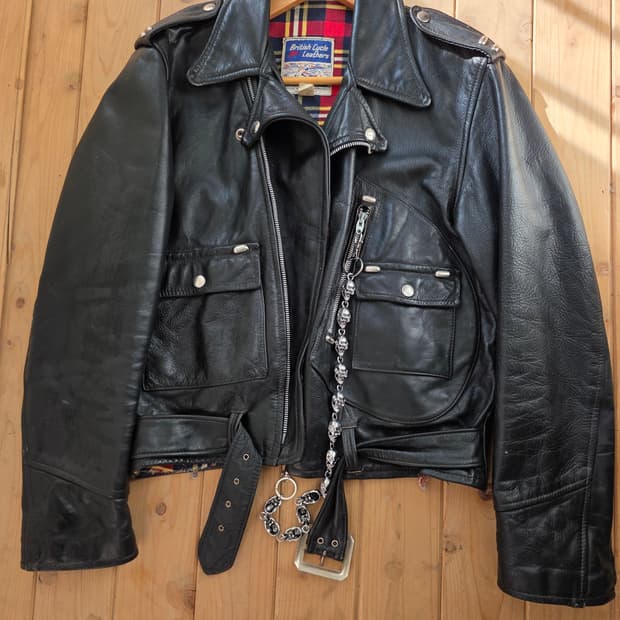 60s 빈티지 브리티쉬 d포켓 모터사이클 라이더 레더 자켓 스컬체인