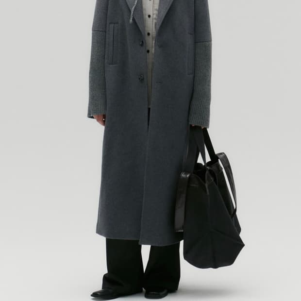 솔티페블 니트 콤비 소매 롱 코트그레이