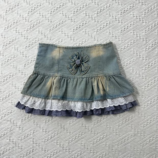 레이스/패턴 레이어드 데님 스커트