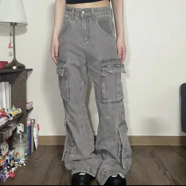 블루하츠 멀티 카고 지퍼 포켓 부츠컷 그레이 데님 팬츠 s