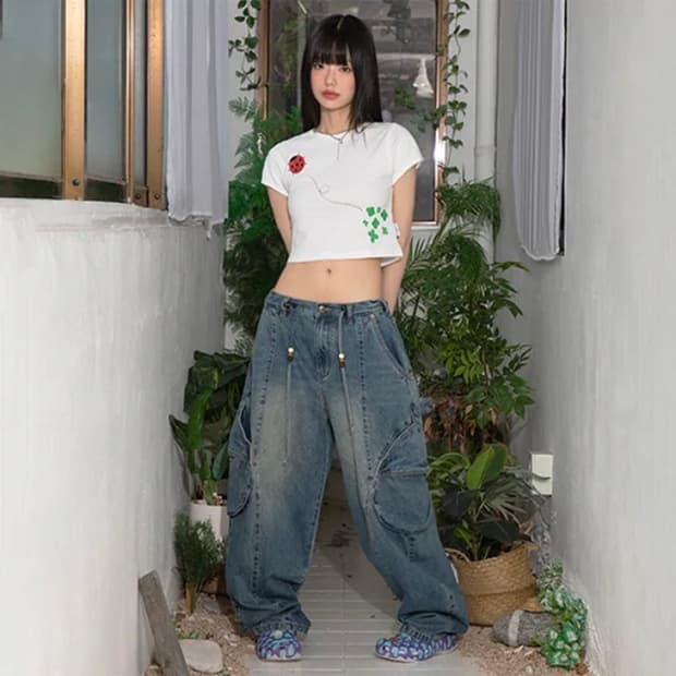 루나키후 에그 카고 워싱 데님 팬츠 엑스톤즈우먼