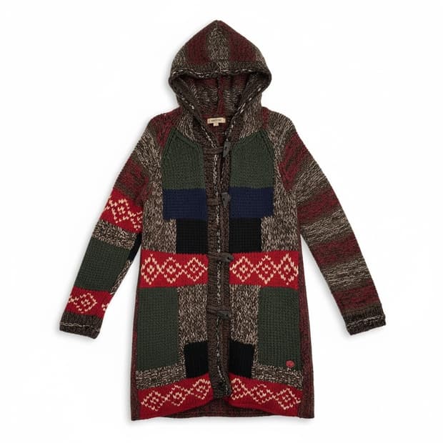 썰스데이아일랜드 후드 롱 패치워크 니트 가디건