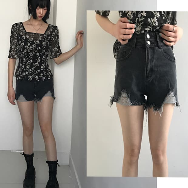 Grey washed 2button short pants