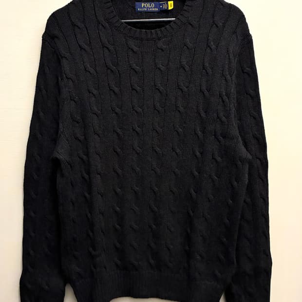 (M/100)폴로랄프로렌 면 케이블 꽈배기 니트 트리플블랙 폴로니트