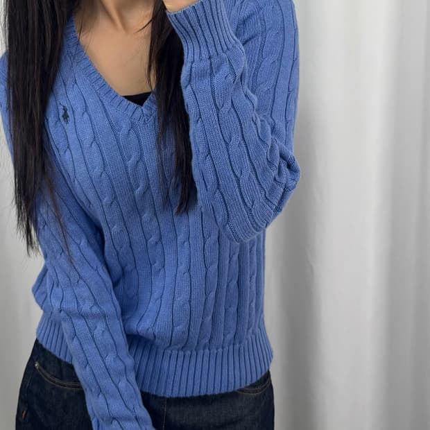 폴로 블루 꽈배기 니트