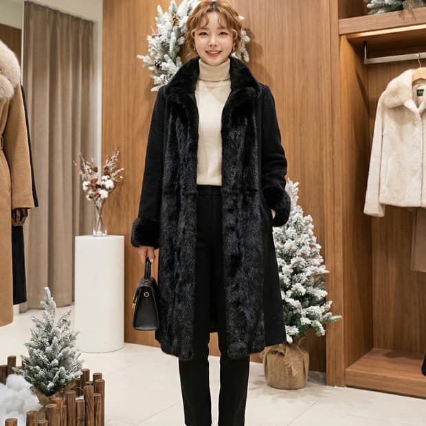 유로 모피 블랙 알카파/모 혼방 밍크 트리밍 코트