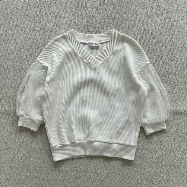 바이 바이 시스루 퍼프 소매 브이넥 골지티