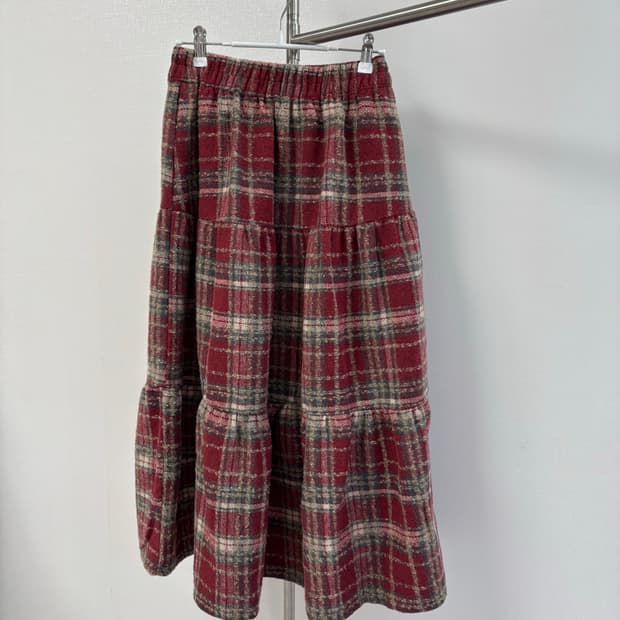 레디쉬 빈티지 체크 울 롱 스커트