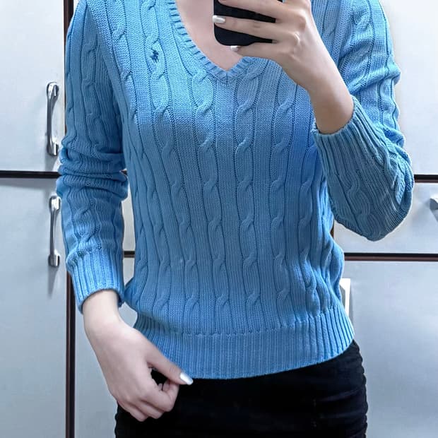 폴로 랄프로렌 브이넥 케이블 니트 QR정품 라이트 블루