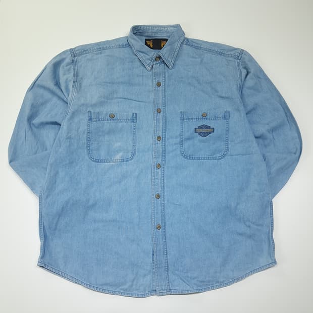 CL454 2XL 할리데이비슨 90s 코튼 자수 연청 데님셔츠 남방