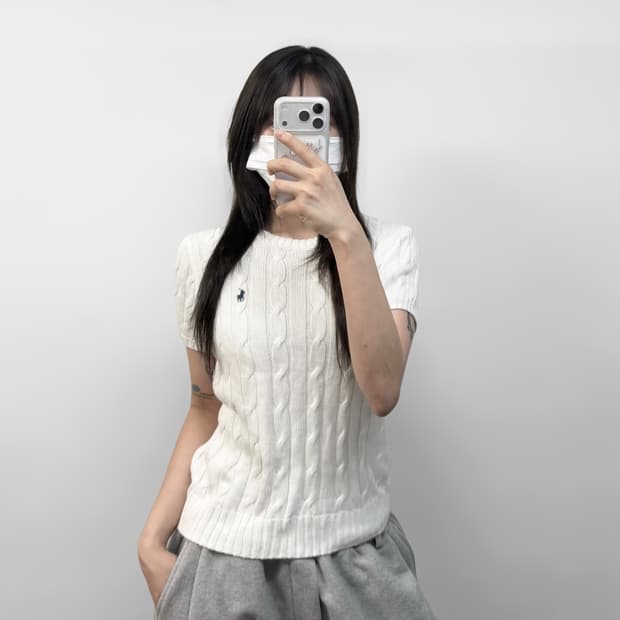 폴로 랄프로렌 포니 로고 케이블 반팔 니트 화이트