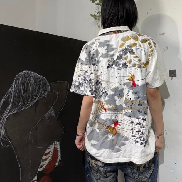 일본빈티지 오리엔탈 자수 반팔 티셔츠 L