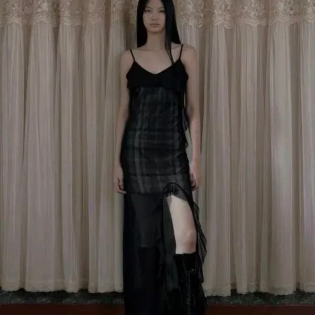 보헤미안서울 씨스루 체크 러플 맥시 드레스