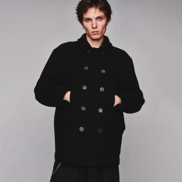 Washed Wool Pea Coat Black (L)