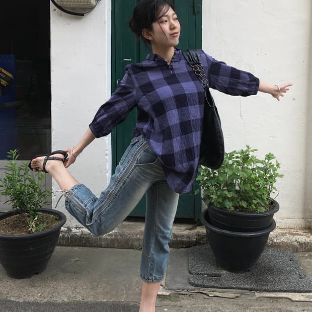 퍼플 네이비 체크 라이트 코튼 셔츠