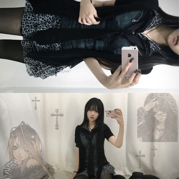 무채색 시부야 갸루펑크 데일리 레오파드 드레이프 베스트 코디세트