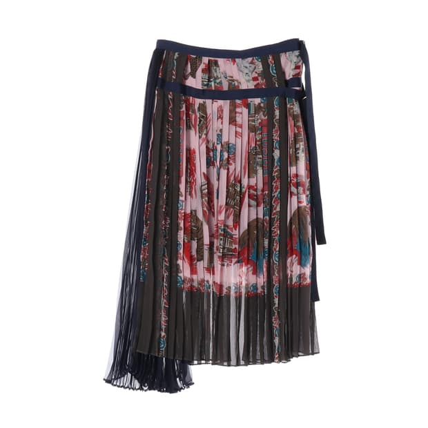 [M]사카이 핑크 스카프 프린트 롱 플리츠 스커트 치마
