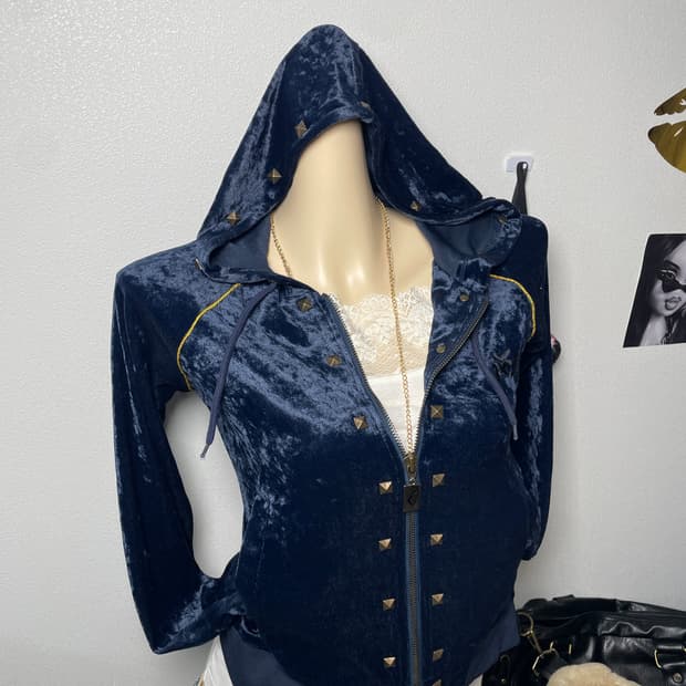 빈티지 PONY 스터드 네이비 벨벳 후드집업