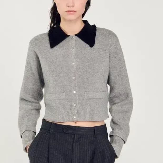 산드로 벨벳 카라 그레이 가디건