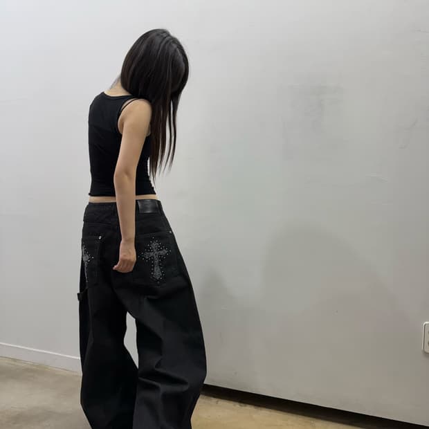 레오파드 디테일 카펜터 벌룬 데님팬츠