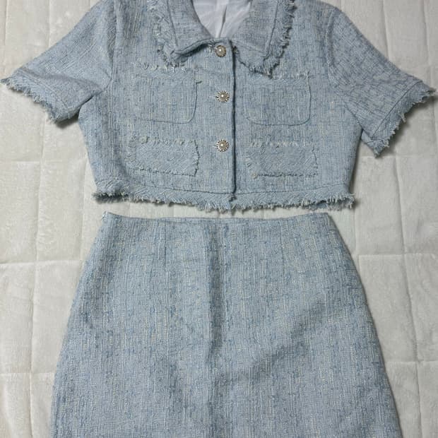 소라색 크롭 트위드 자켓 치마 투피스 세트 M