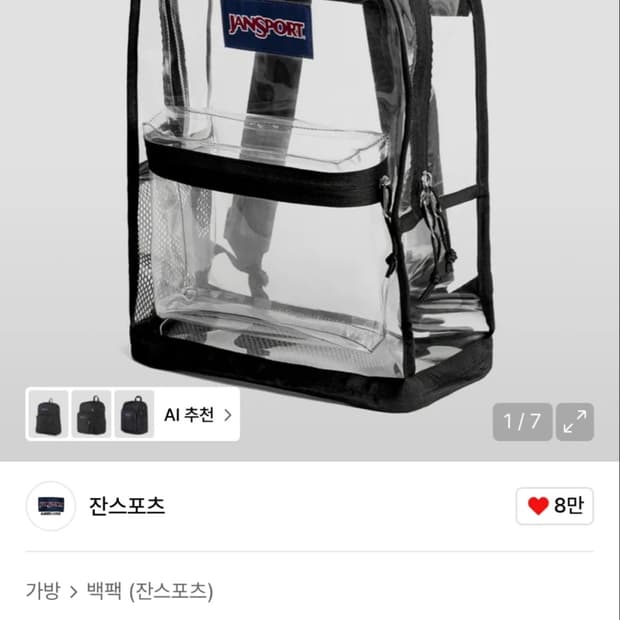 잔스포츠 jansport  남여공용 클리어 투명 백팩