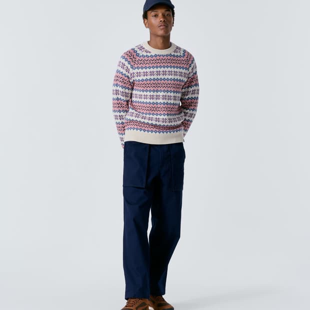 노아 노르딕 오버핏 울 니트 아이보리 핑크 자카드 스웨터 L XL