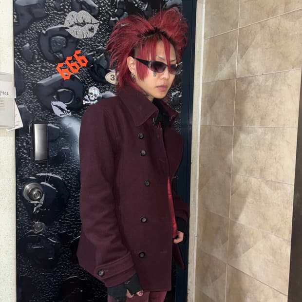 No id burgundy wool peacoat