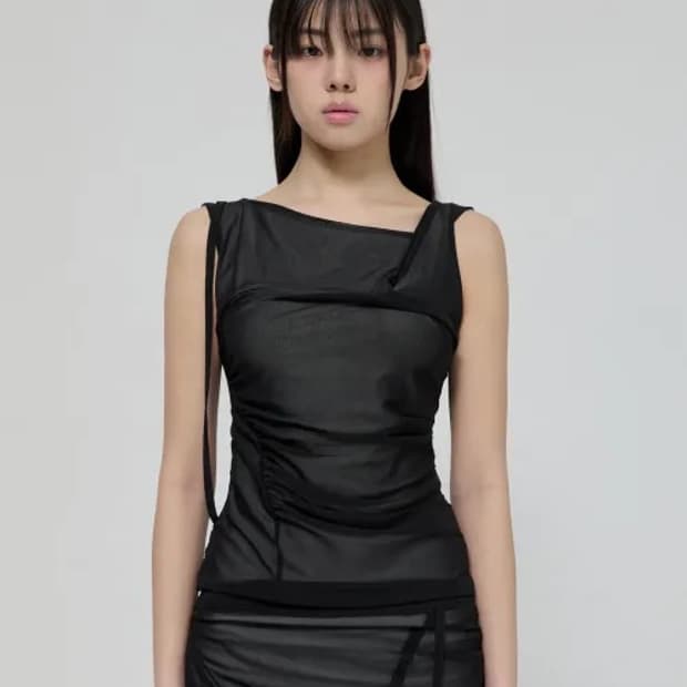 [S] 플레어업 드레이프 메쉬 레이어드 슬리브리스 블랙