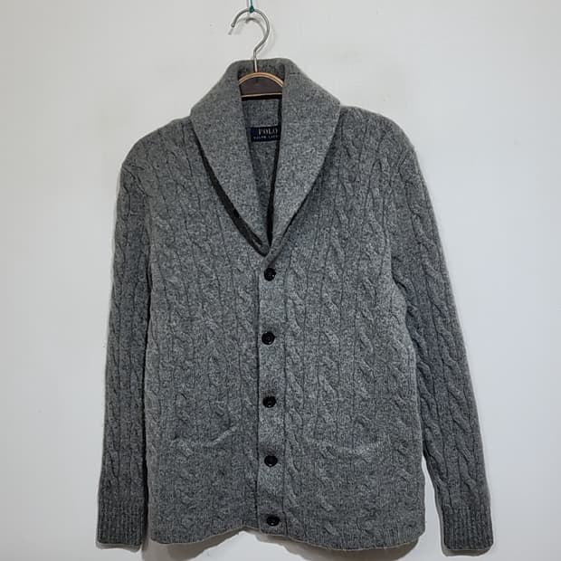 (M) 랄프로렌 폴로 꽈배기 가디건 그레이 숄카라 케이블 