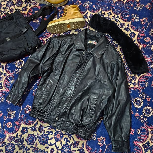 Vintage 양가죽 포켓 Canyon 자수 가죽 퍼 봄버자켓