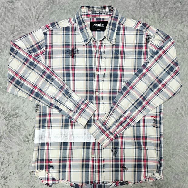 KURO denim 체크 핸드스티치 핸드페인팅 셔츠