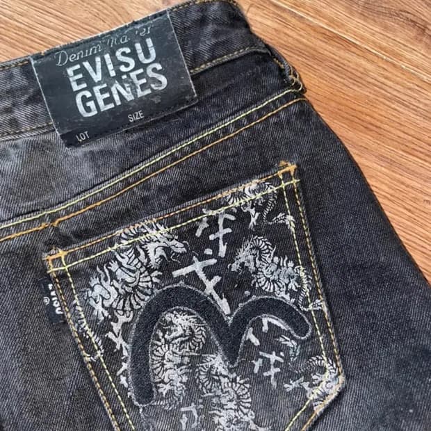 Evisu black denim skirt