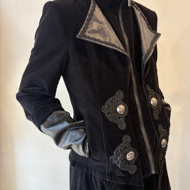 punk gothic 투웨이 가죽 벨벳 롱코트