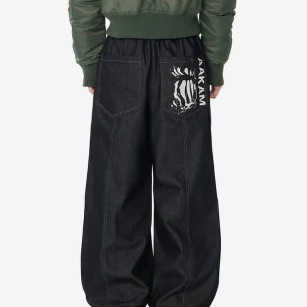 Knee Pin-tuck Printed Denim Pants Black