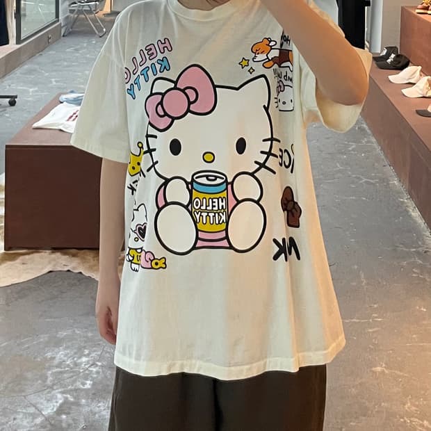 빈티지 헬로키티 y2k 오버핏 화이트 반팔 H2514