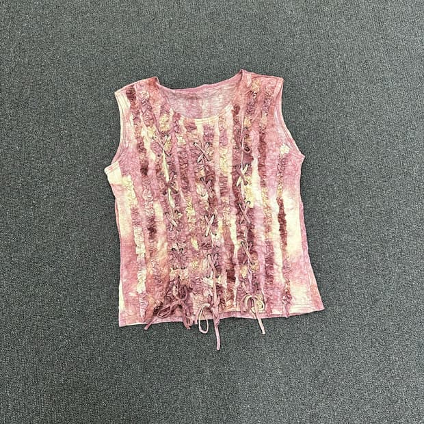 44)Japanese vintage 여성 레이스업 디테일 셔링 나시