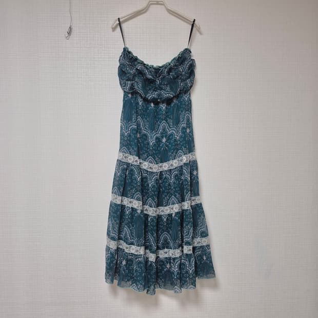 Japanese vintage 딥그린페이즐리 튜브탑원피스