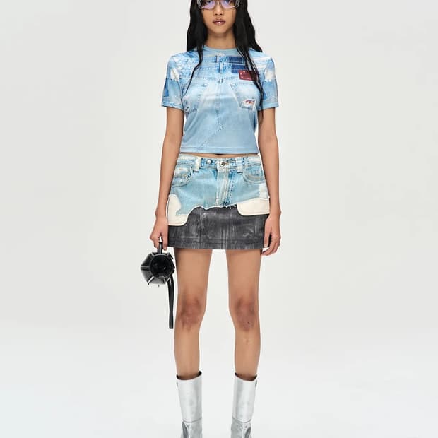 앤더슨벨 포데님&레더 프린티드 미니스커트